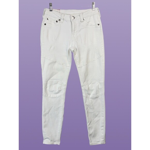True Religion Women 27 Jeans World Tour Moto White Biker Ribbed Knee Stretch Y2K - Picture 1 of 14